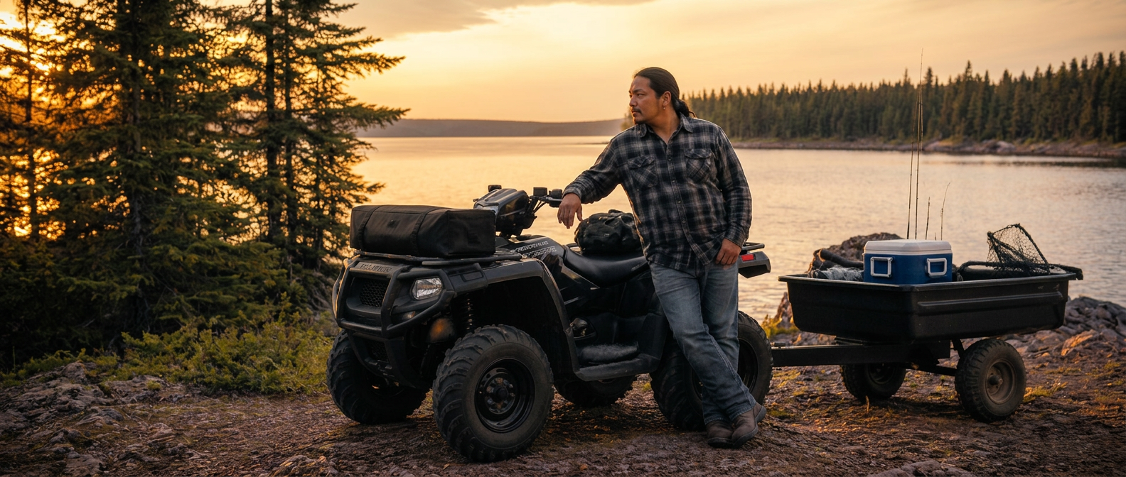First Nations person with an ATV and tow trailer by a lake at sunset, ready to fish