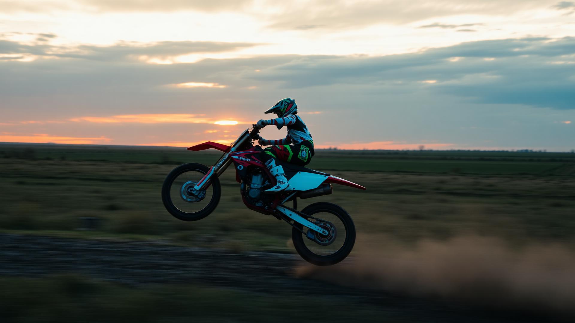 Rider catching air on a dirt bike at sunset